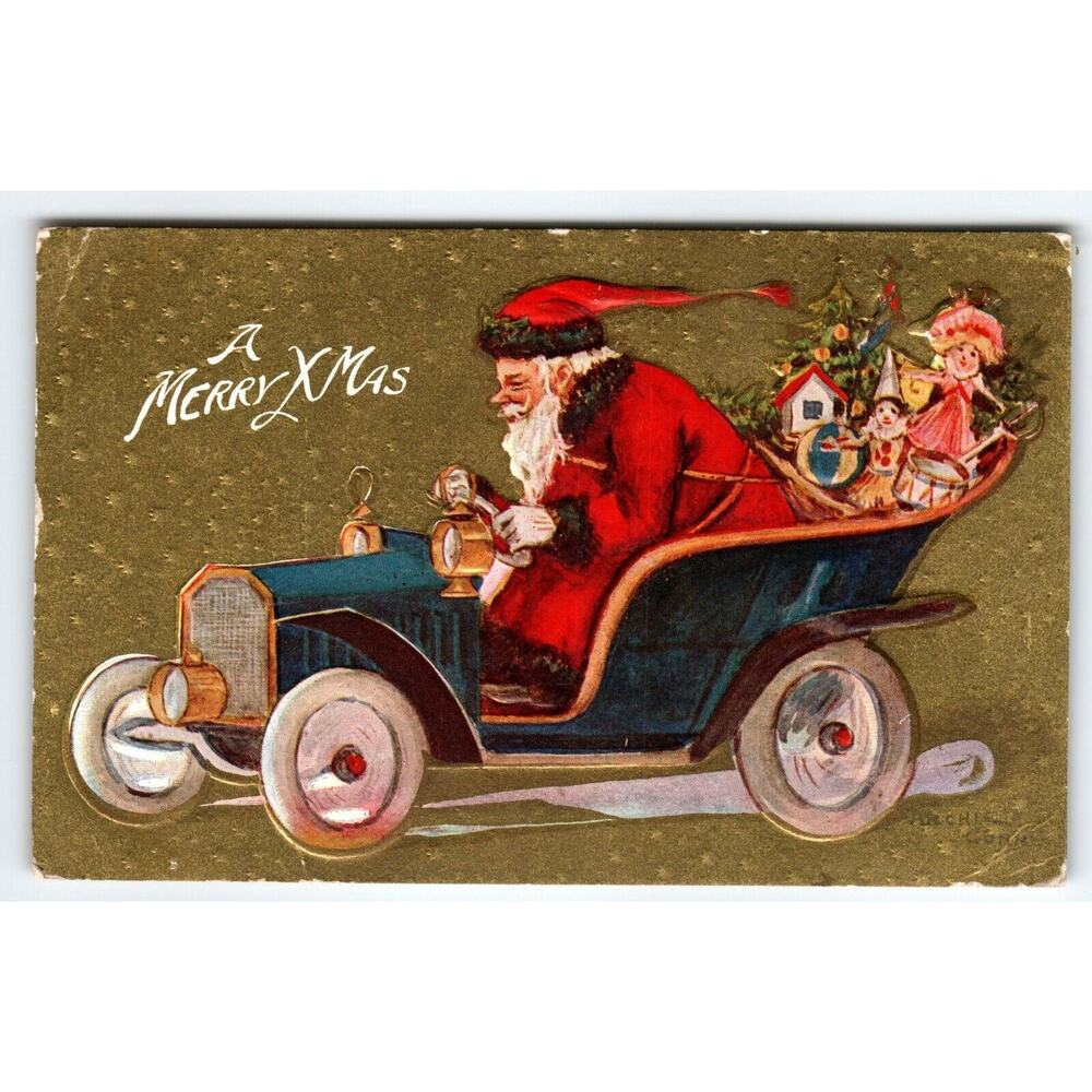 Santa Claus Christmas Postcard Driving His Automobile Car & Toys Embossed 1911